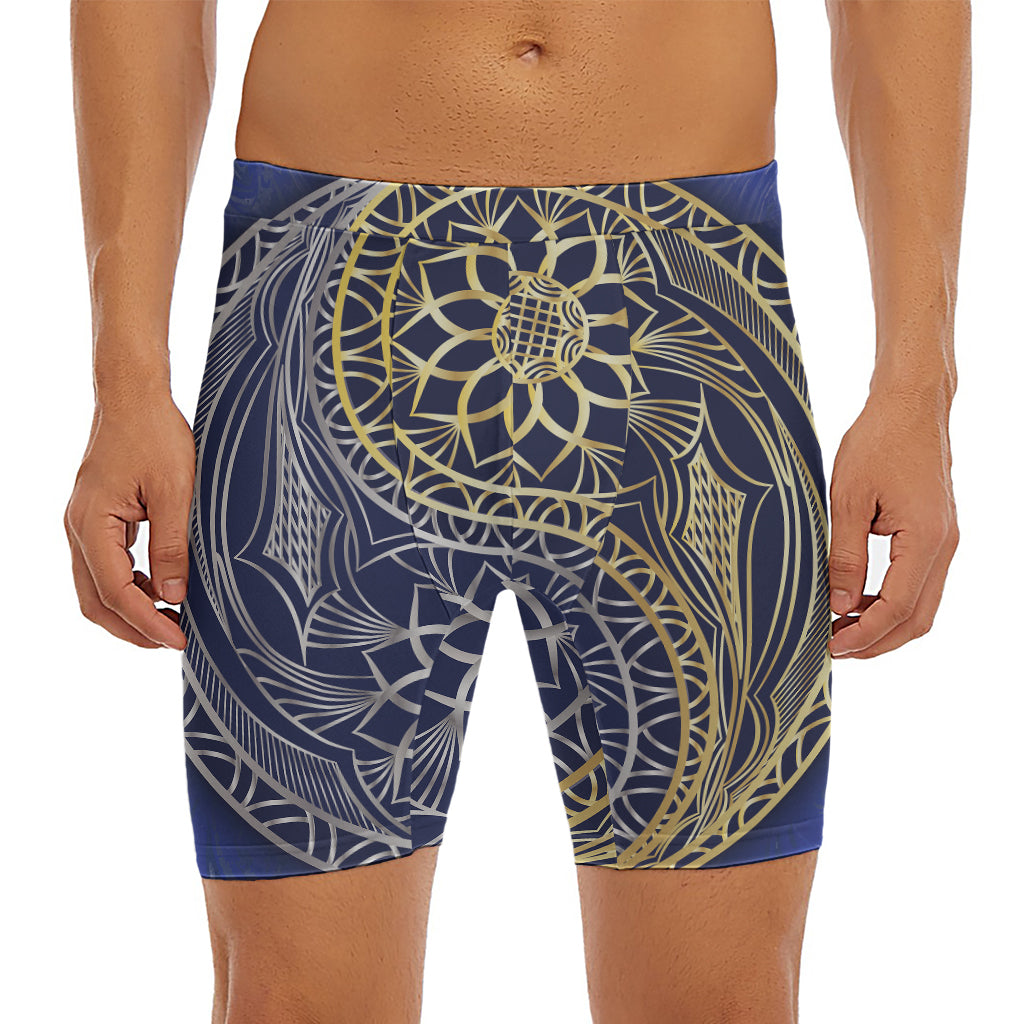 Gold And Grey Yin Yang Flower Print Men's Long Boxer Briefs