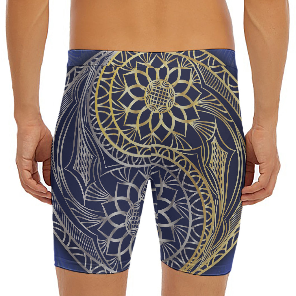 Gold And Grey Yin Yang Flower Print Men's Long Boxer Briefs