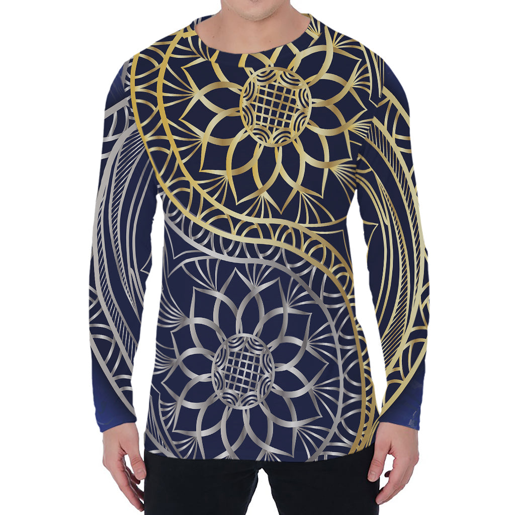Gold And Grey Yin Yang Flower Print Men's Long Sleeve T-Shirt