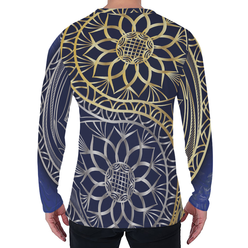 Gold And Grey Yin Yang Flower Print Men's Long Sleeve T-Shirt