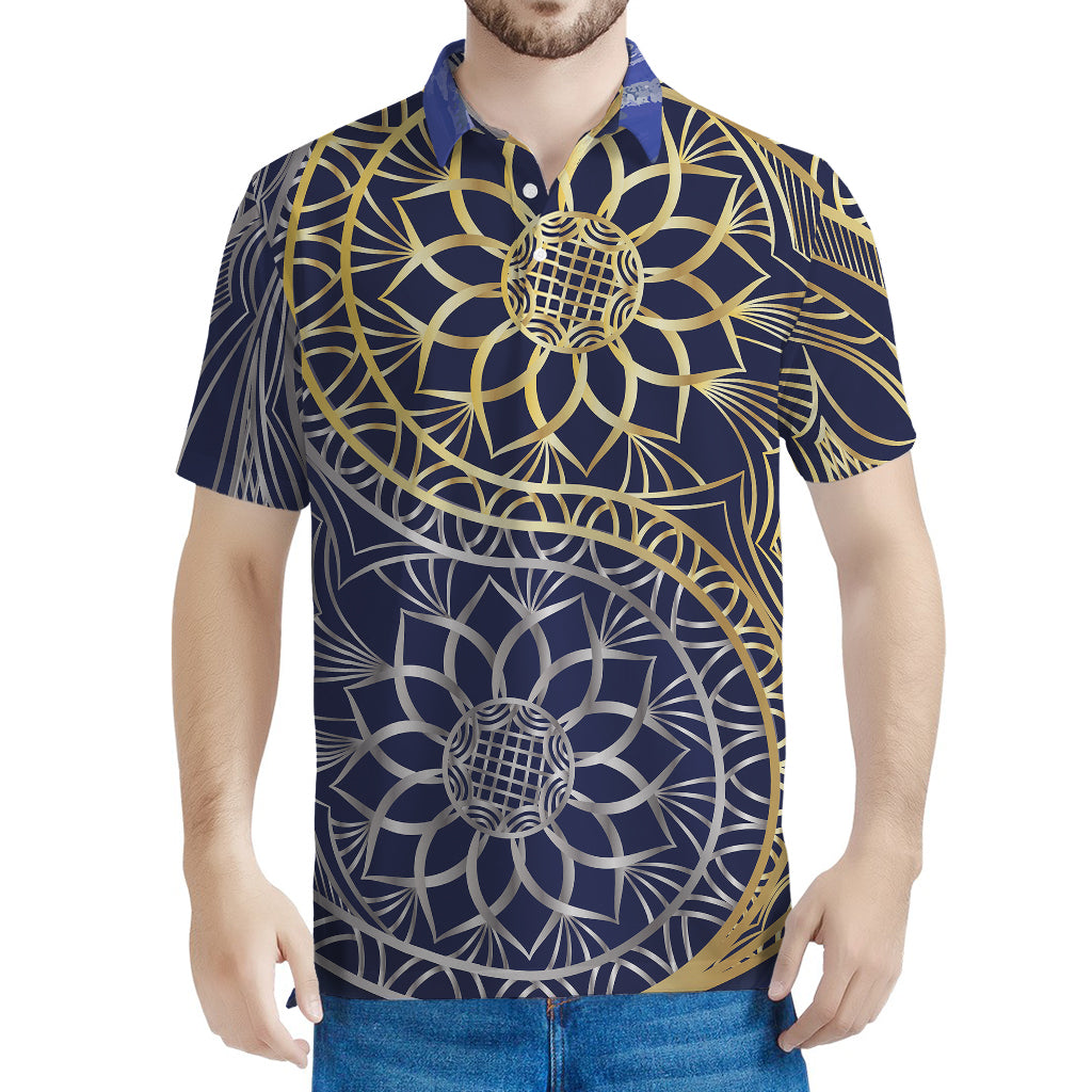 Gold And Grey Yin Yang Flower Print Men's Polo Shirt