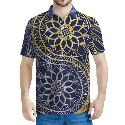 Gold And Grey Yin Yang Flower Print Men's Polo Shirt