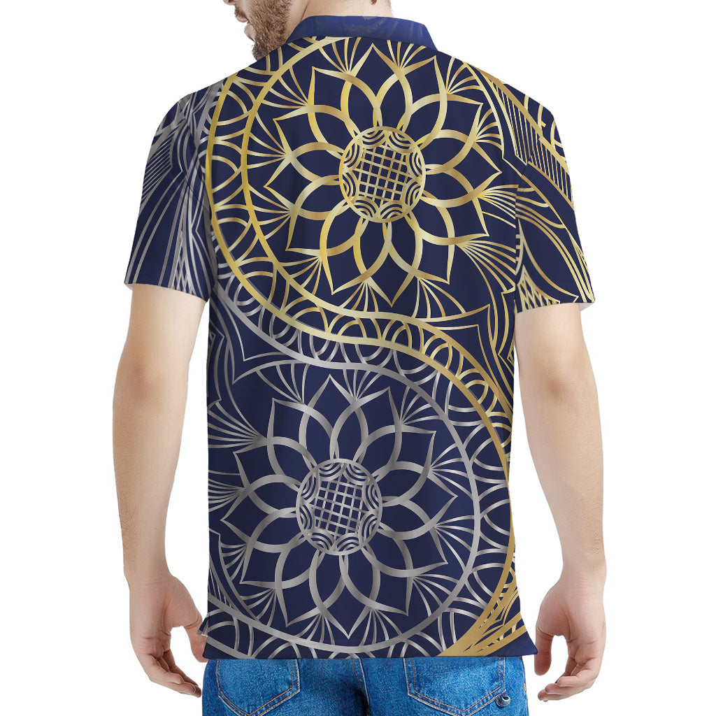 Gold And Grey Yin Yang Flower Print Men's Polo Shirt
