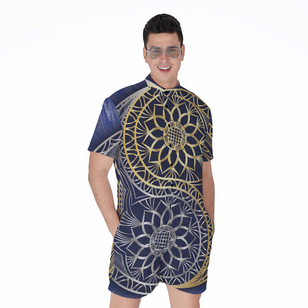 Gold And Grey Yin Yang Flower Print Men's Rompers