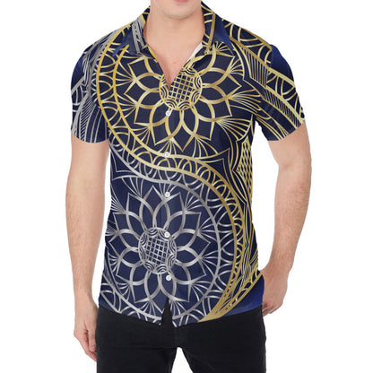 Gold And Grey Yin Yang Flower Print Men's Shirt