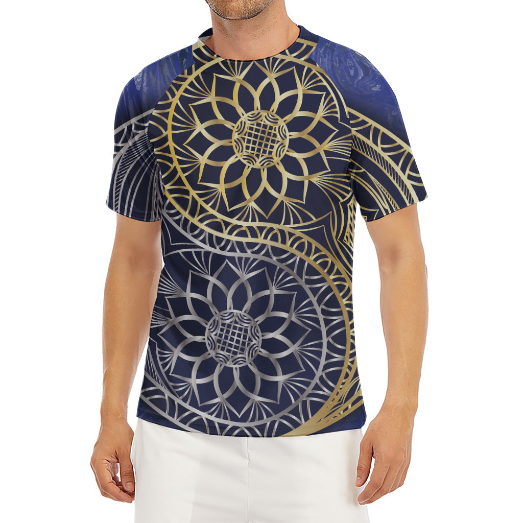 Gold And Grey Yin Yang Flower Print Men's Short Sleeve Rash Guard