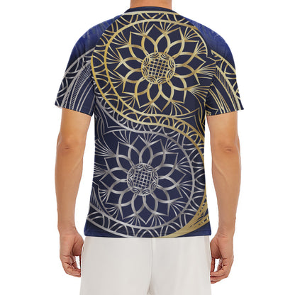Gold And Grey Yin Yang Flower Print Men's Short Sleeve Rash Guard