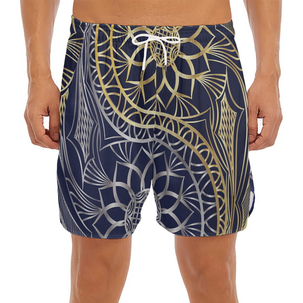Gold And Grey Yin Yang Flower Print Men's Split Running Shorts