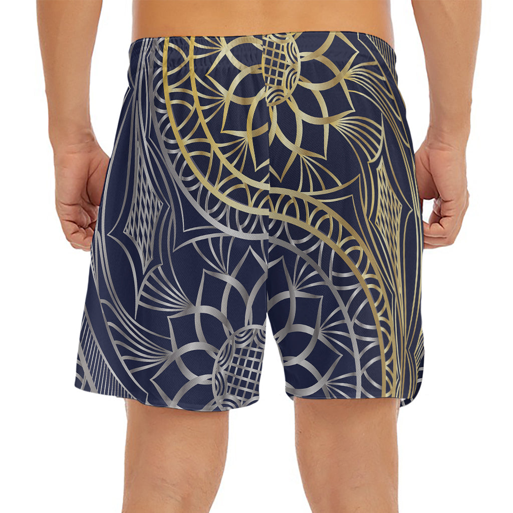 Gold And Grey Yin Yang Flower Print Men's Split Running Shorts
