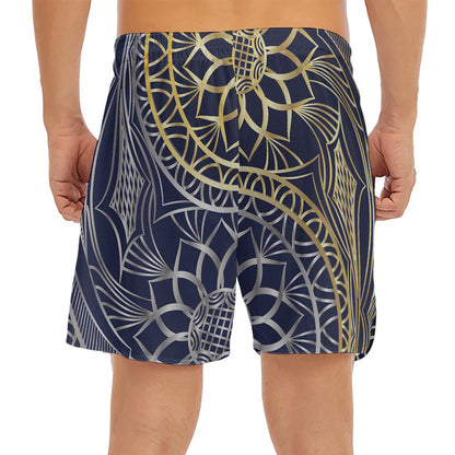 Gold And Grey Yin Yang Flower Print Men's Split Running Shorts
