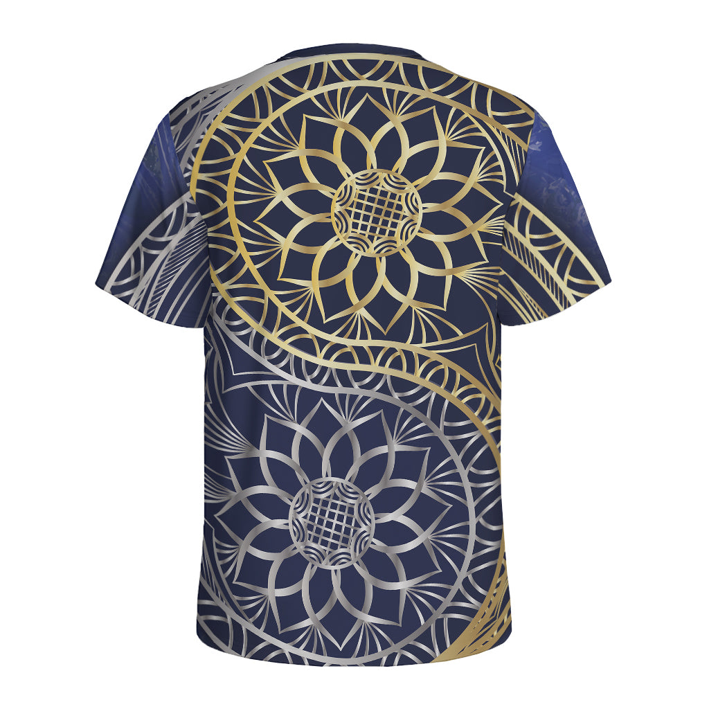 Gold And Grey Yin Yang Flower Print Men's Sports T-Shirt