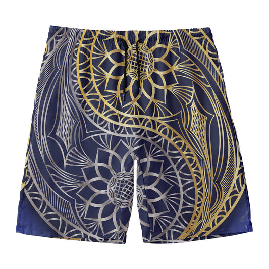 Gold And Grey Yin Yang Flower Print Men's Swim Trunks