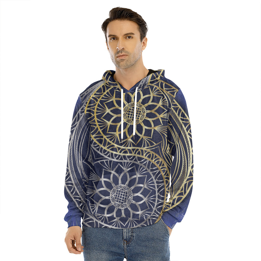 Gold And Grey Yin Yang Flower Print Men's Velvet Pullover Hoodie
