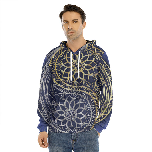 Gold And Grey Yin Yang Flower Print Men's Velvet Pullover Hoodie