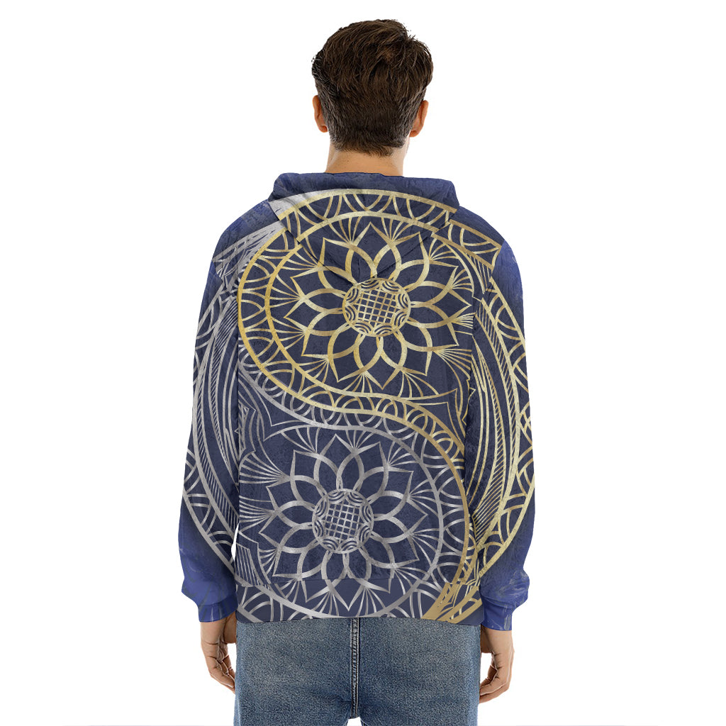 Gold And Grey Yin Yang Flower Print Men's Velvet Pullover Hoodie