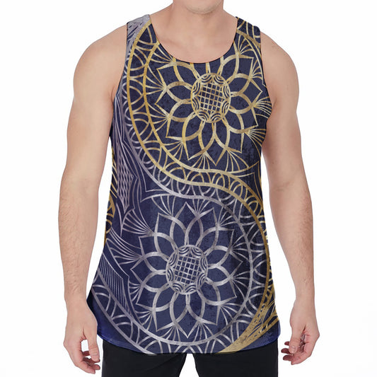 Gold And Grey Yin Yang Flower Print Men's Velvet Tank Top