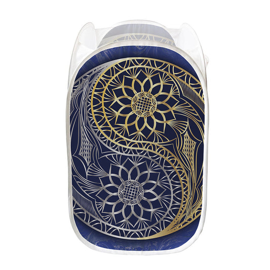Gold And Grey Yin Yang Flower Print Mesh Laundry Hamper