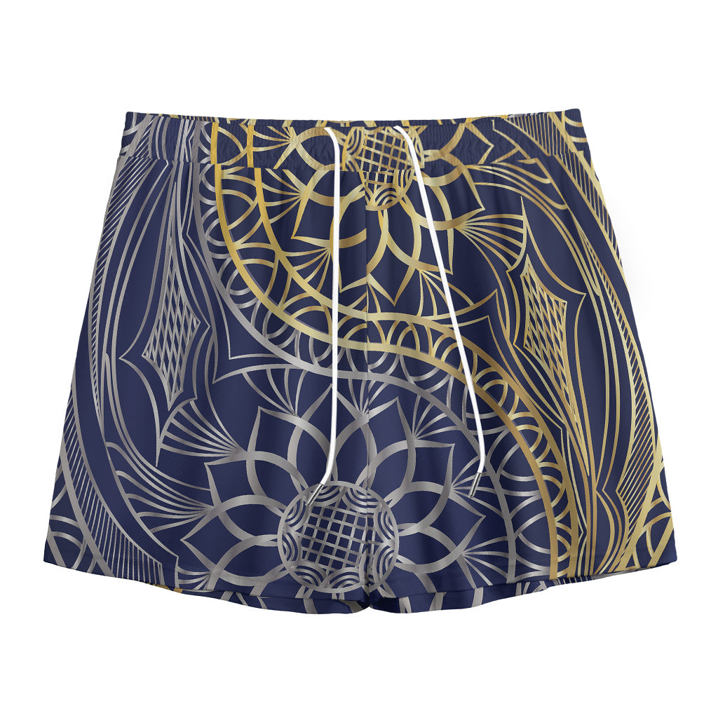 Gold And Grey Yin Yang Flower Print Mesh Shorts