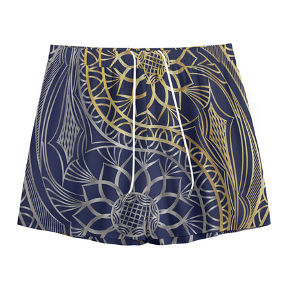 Gold And Grey Yin Yang Flower Print Mesh Shorts