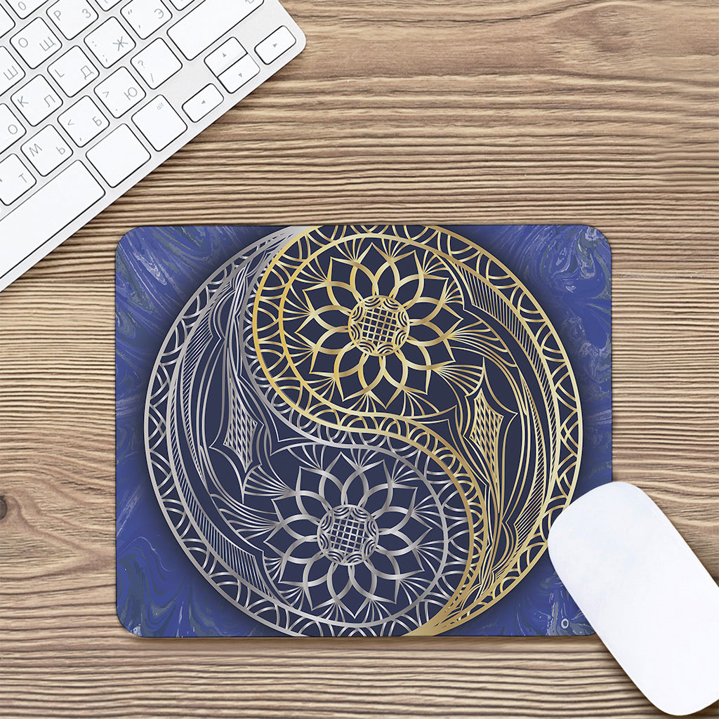 Gold And Grey Yin Yang Flower Print Mouse Pad