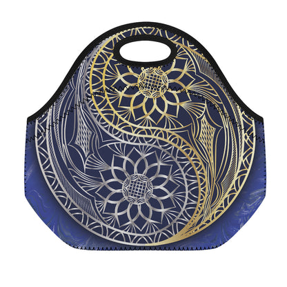 Gold And Grey Yin Yang Flower Print Neoprene Lunch Bag