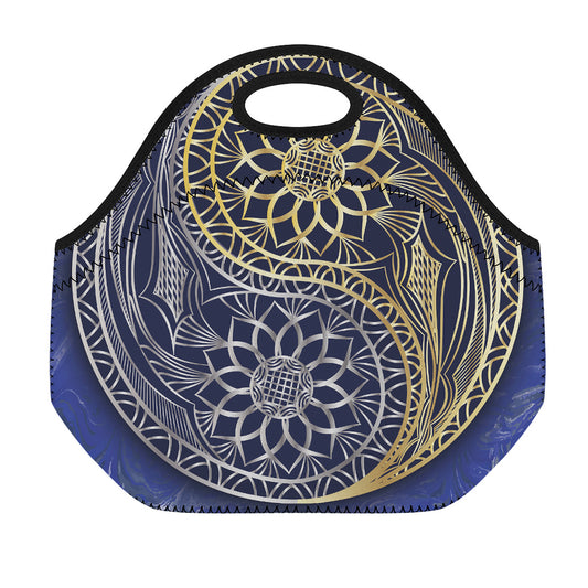 Gold And Grey Yin Yang Flower Print Neoprene Lunch Bag