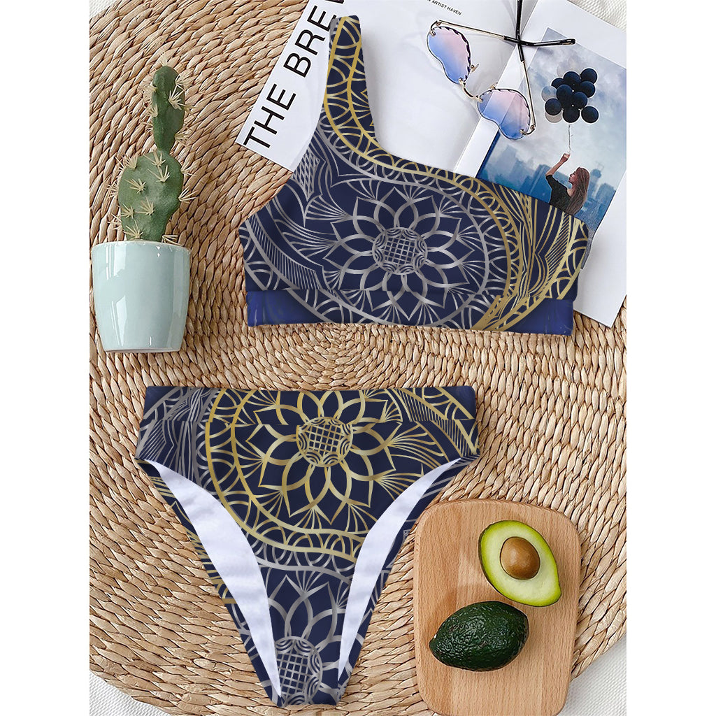Gold And Grey Yin Yang Flower Print One Shoulder Bikini Top