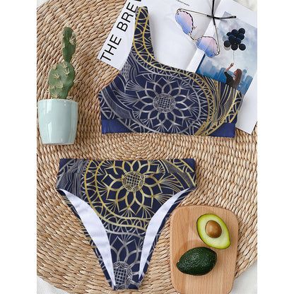Gold And Grey Yin Yang Flower Print One Shoulder Bikini Top
