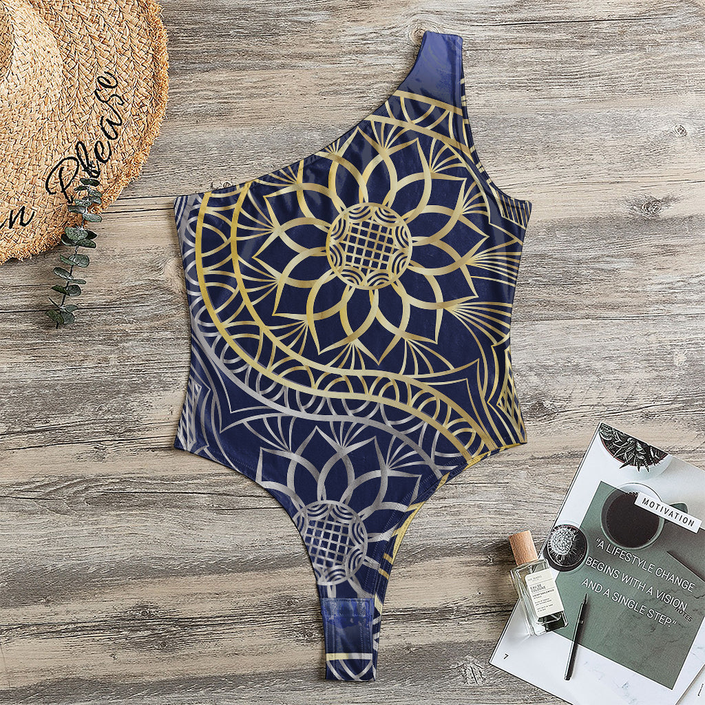 Gold And Grey Yin Yang Flower Print One Shoulder Bodysuit
