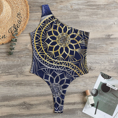 Gold And Grey Yin Yang Flower Print One Shoulder Bodysuit
