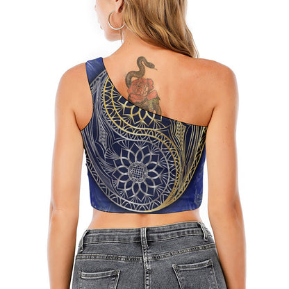 Gold And Grey Yin Yang Flower Print One Shoulder Crop Top