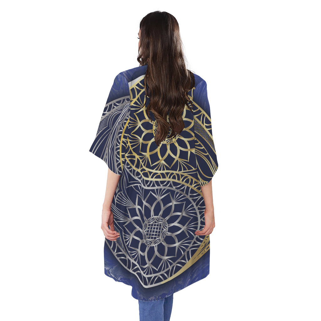 Gold And Grey Yin Yang Flower Print Open Front Beach Cover Up