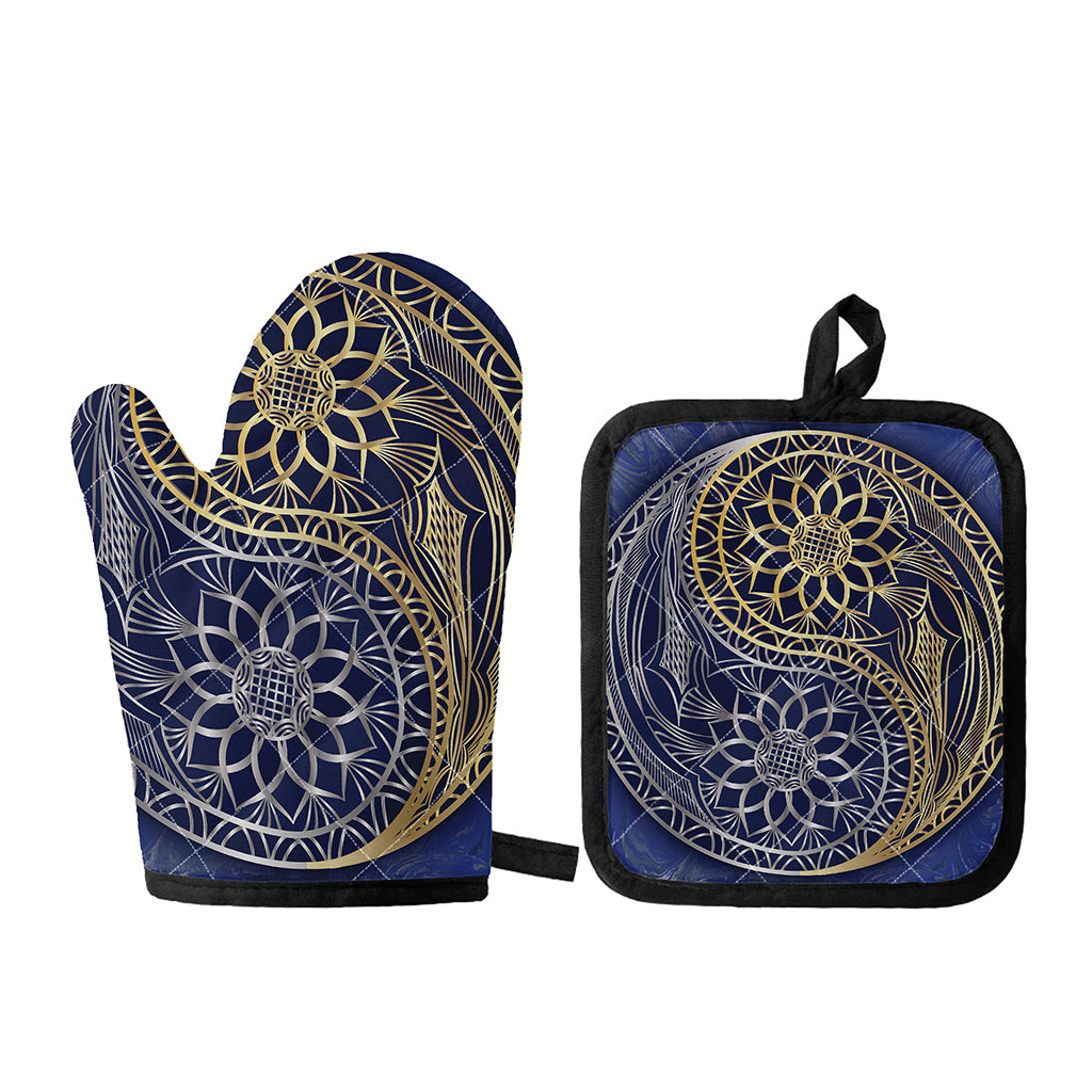 Gold And Grey Yin Yang Flower Print Oven Mitt And Pot Holder Set