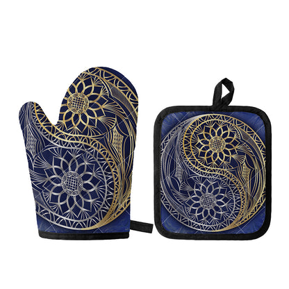 Gold And Grey Yin Yang Flower Print Oven Mitt And Pot Holder Set