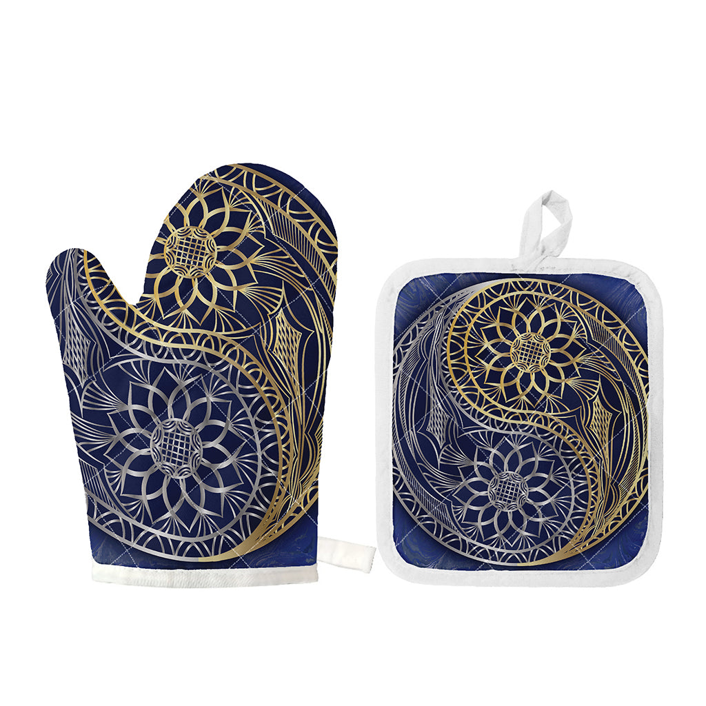Gold And Grey Yin Yang Flower Print Oven Mitt And Pot Holder Set