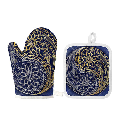 Gold And Grey Yin Yang Flower Print Oven Mitt And Pot Holder Set