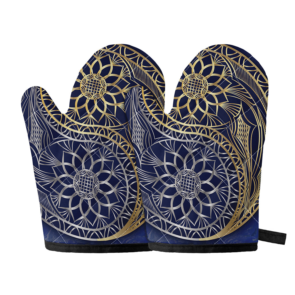 Gold And Grey Yin Yang Flower Print Oven Mitts