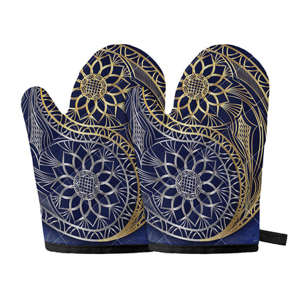 Gold And Grey Yin Yang Flower Print Oven Mitts