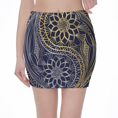 Gold And Grey Yin Yang Flower Print Pencil Mini Skirt