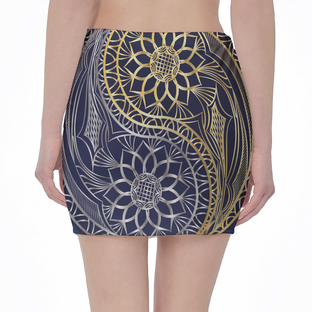 Gold And Grey Yin Yang Flower Print Pencil Mini Skirt