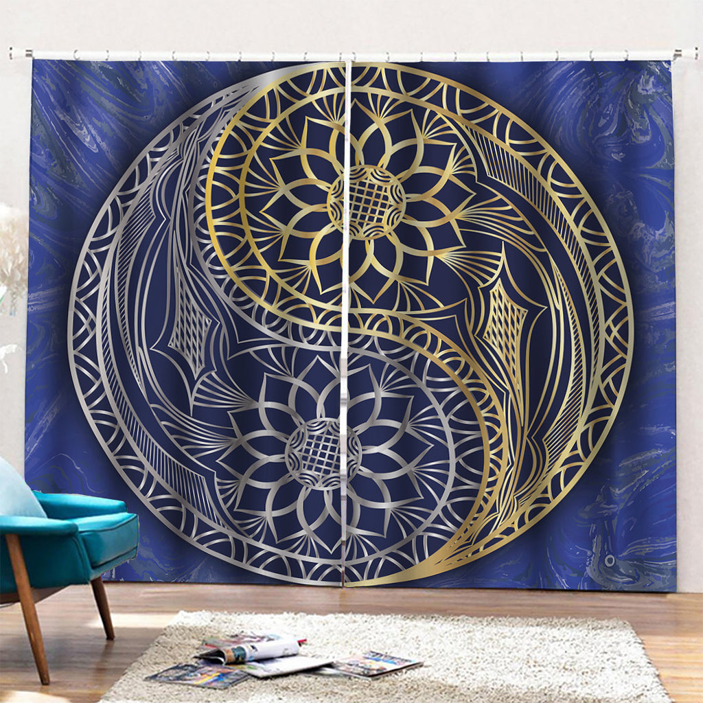 Gold And Grey Yin Yang Flower Print Pencil Pleat Curtains