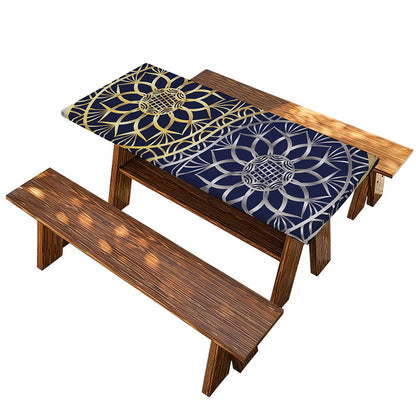 Gold And Grey Yin Yang Flower Print Picnic Table Cover