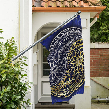 Gold And Grey Yin Yang Flower Print Polyester Flag