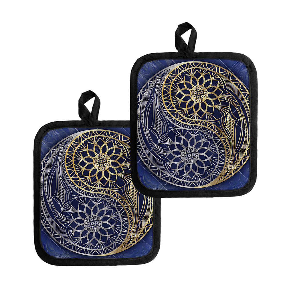 Gold And Grey Yin Yang Flower Print Pot Holders