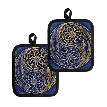 Gold And Grey Yin Yang Flower Print Pot Holders
