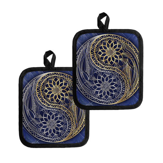 Gold And Grey Yin Yang Flower Print Pot Holders