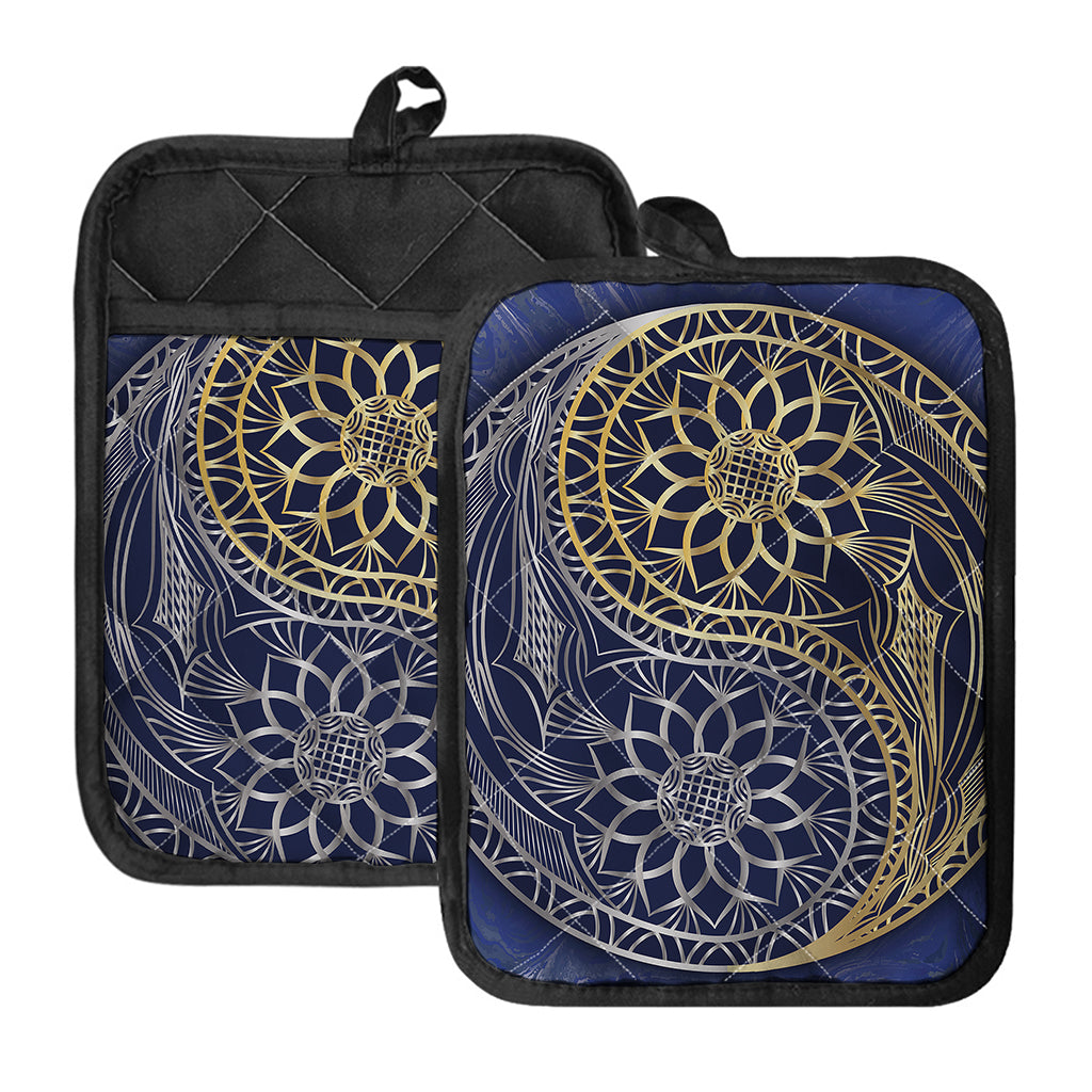 Gold And Grey Yin Yang Flower Print Pot Holders With Pocket