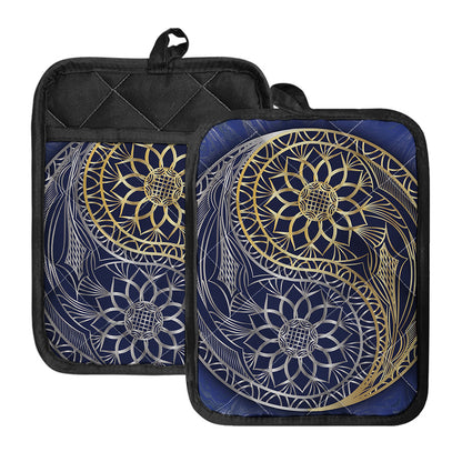 Gold And Grey Yin Yang Flower Print Pot Holders With Pocket