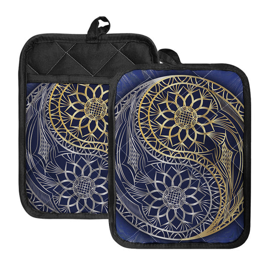 Gold And Grey Yin Yang Flower Print Pot Holders With Pocket