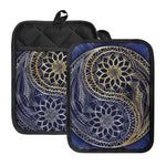 Gold And Grey Yin Yang Flower Print Pot Holders With Pocket